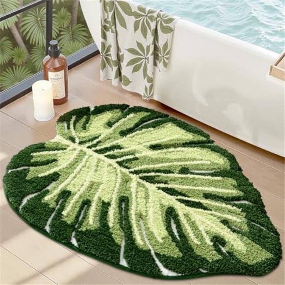 Monstera Leaf Bathroom Rug Plush Absorbent Non Slip Bath Mat 24x32 Green